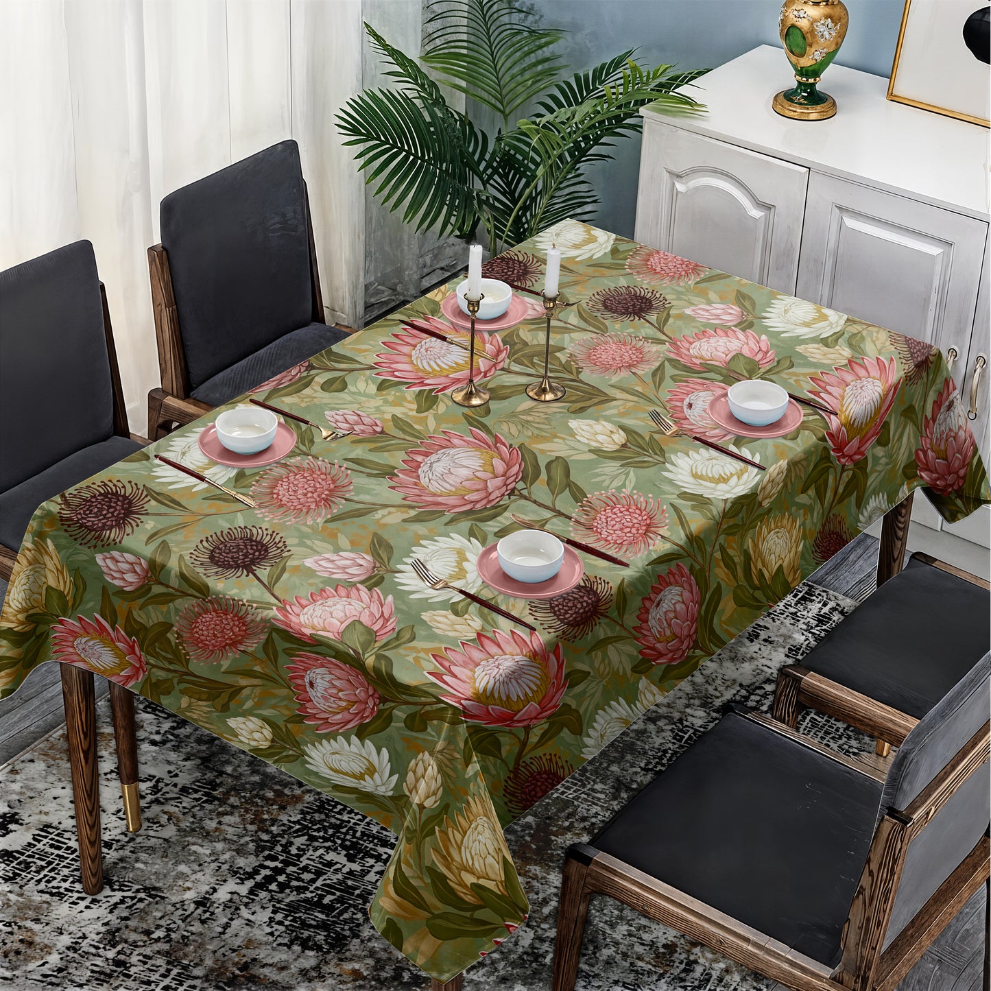 Pink & White Proteas On Green Rectangle Tablecloth