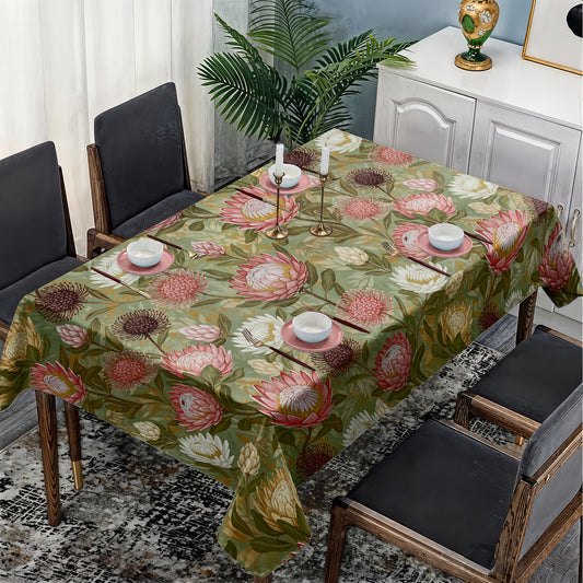 Pink & White Proteas On Green Rectangle Tablecloth