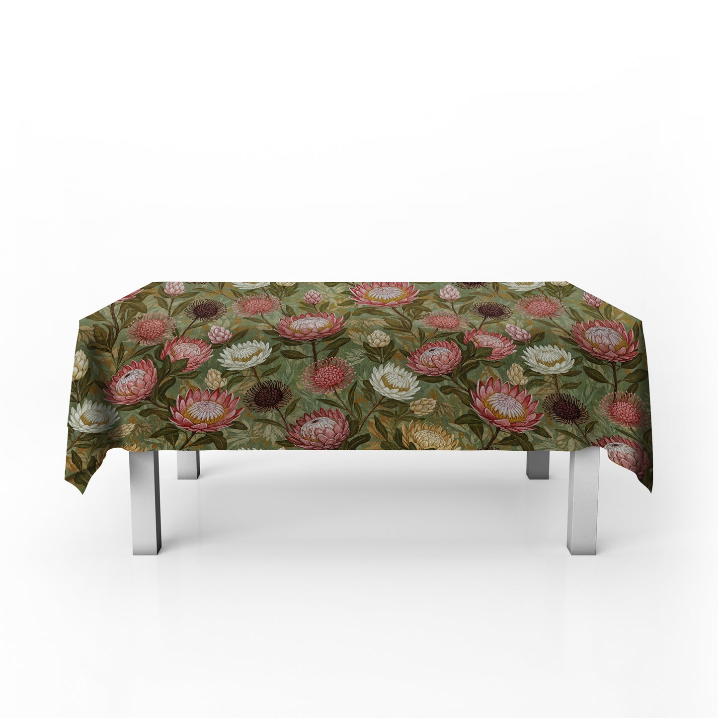 Pink & White Proteas On Green Rectangle Tablecloth