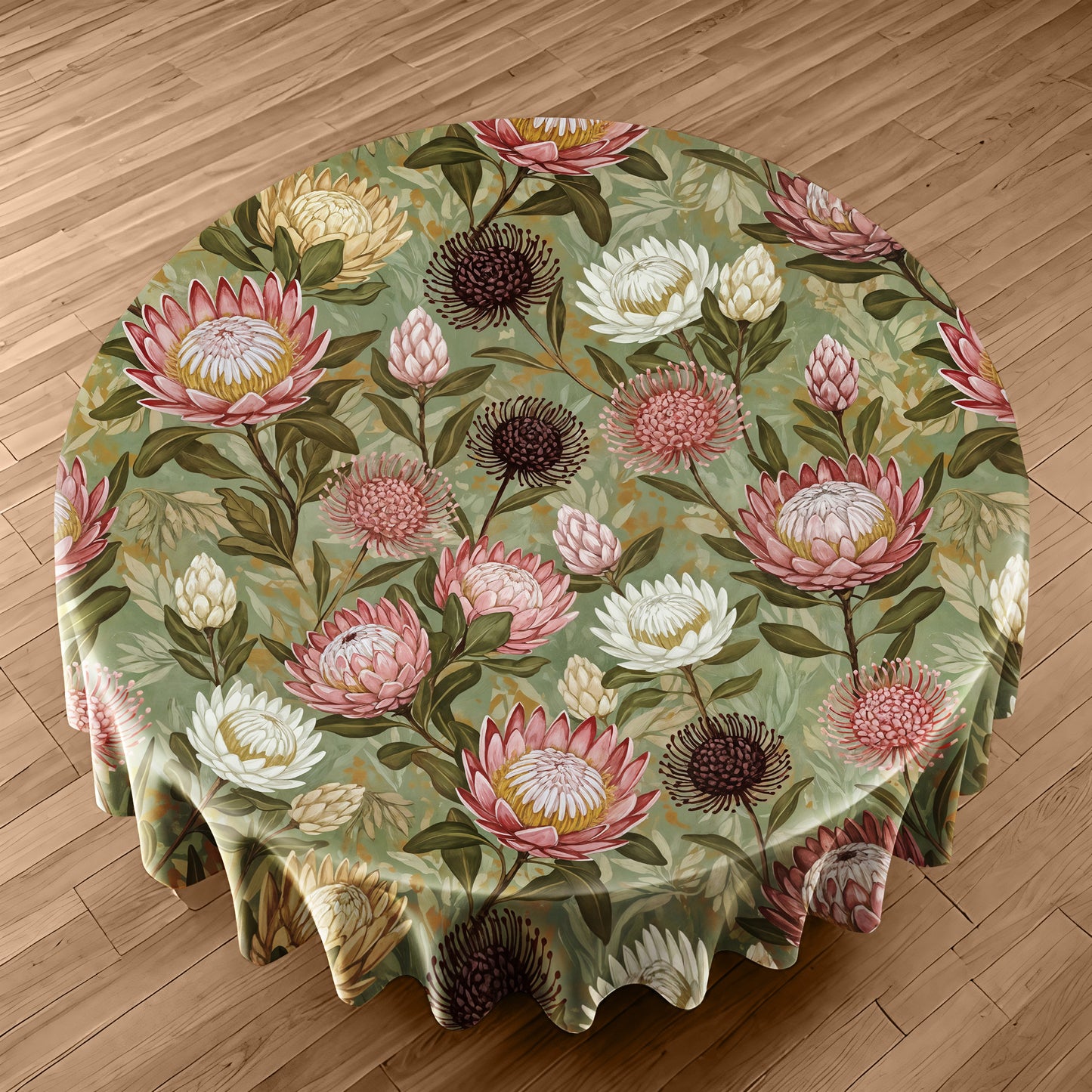 Pink & White Proteas On Green Round Tablecloth