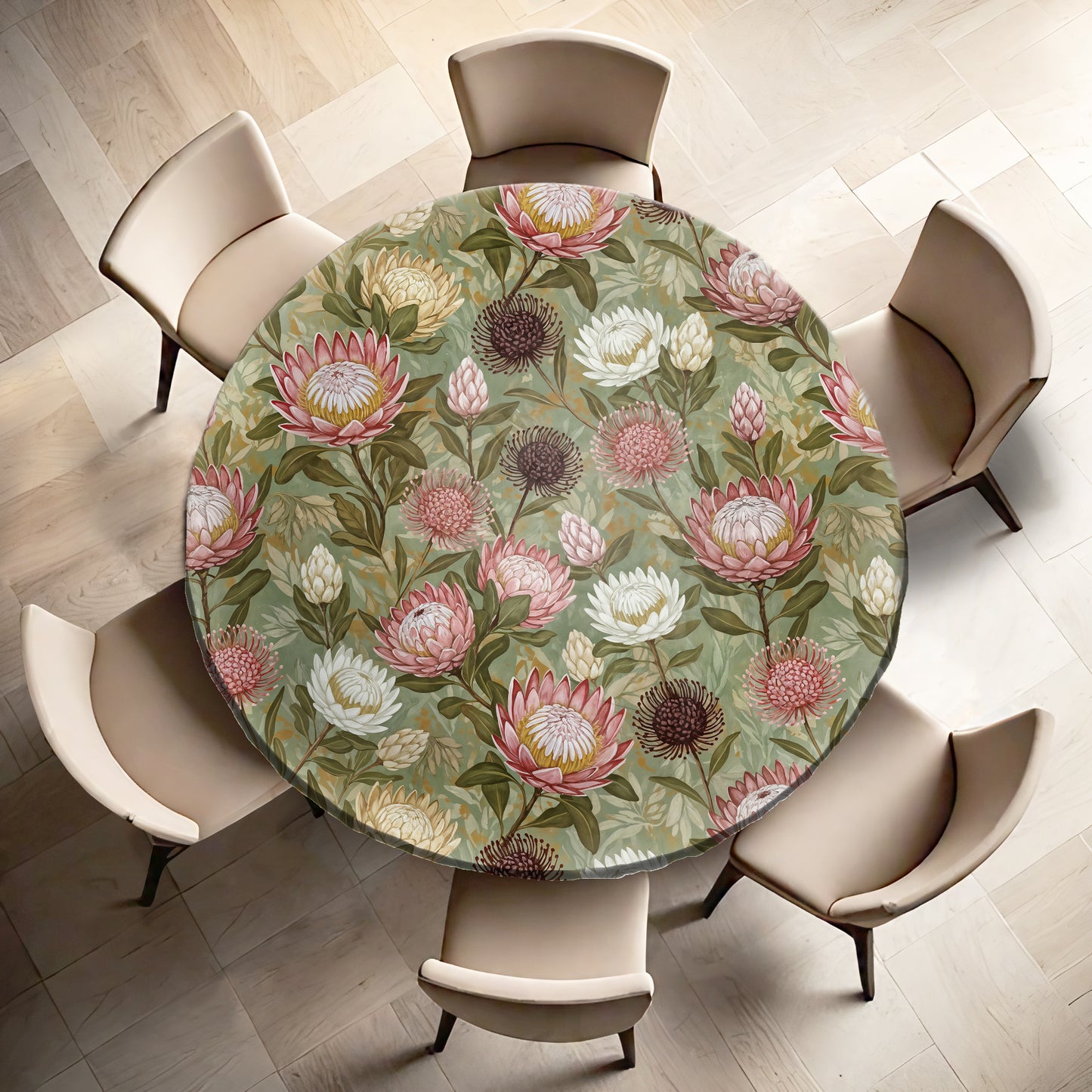 Pink & White Proteas On Green Round Tablecloth
