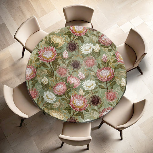 Pink & White Proteas On Green Round Tablecloth