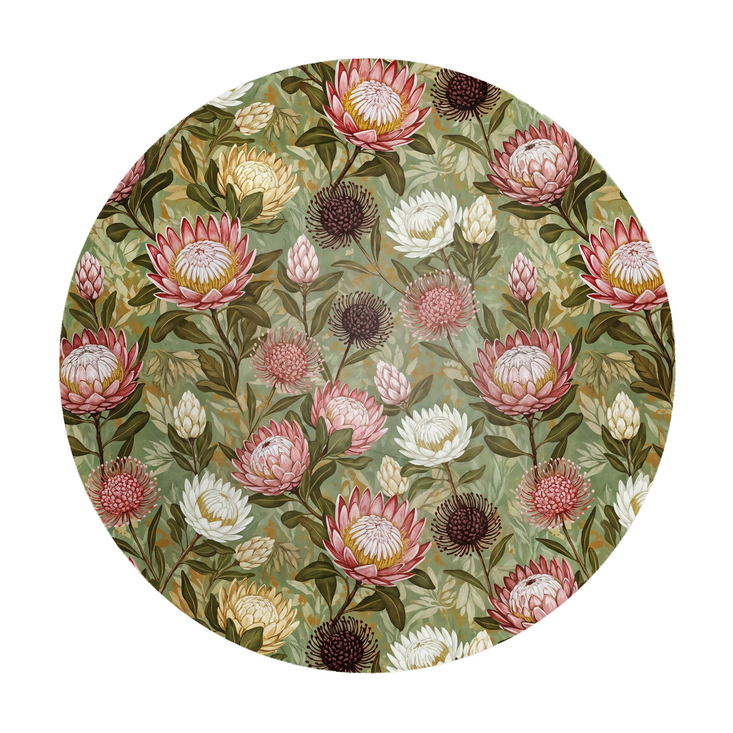 Pink & White Proteas On Green Round Tablecloth