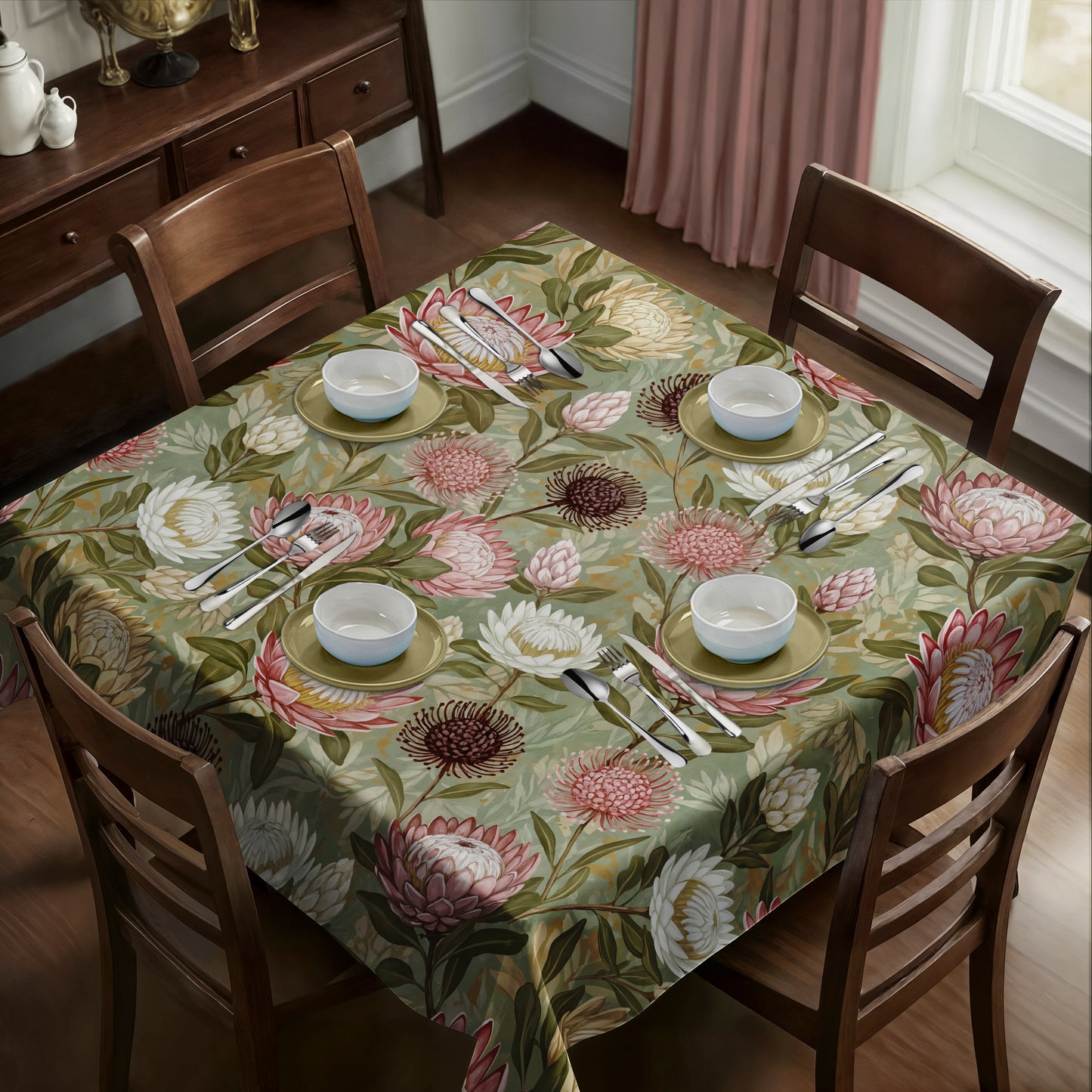Pink & White Proteas On Green Square Tablecloth