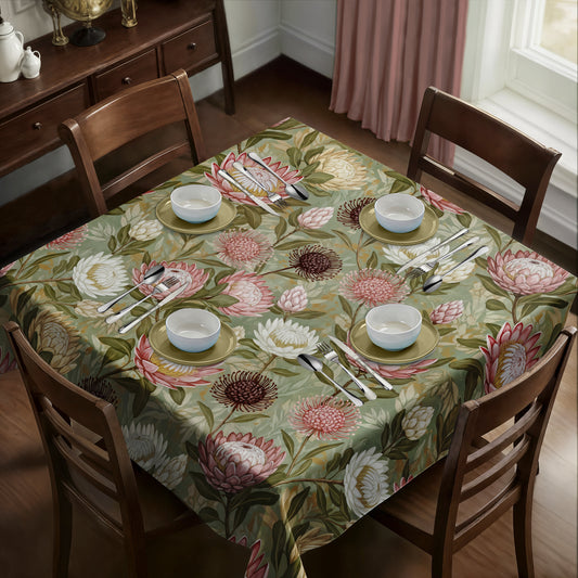 Pink & White Proteas On Green Square Tablecloth