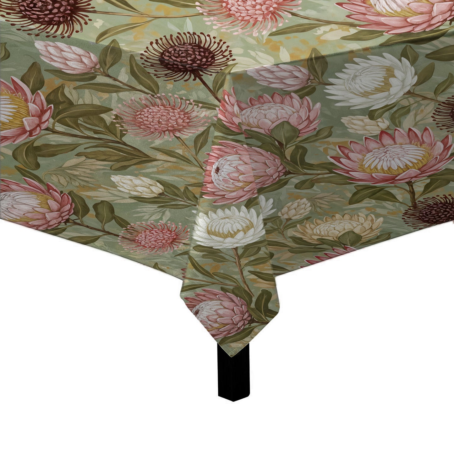 Pink & White Proteas On Green Square Tablecloth