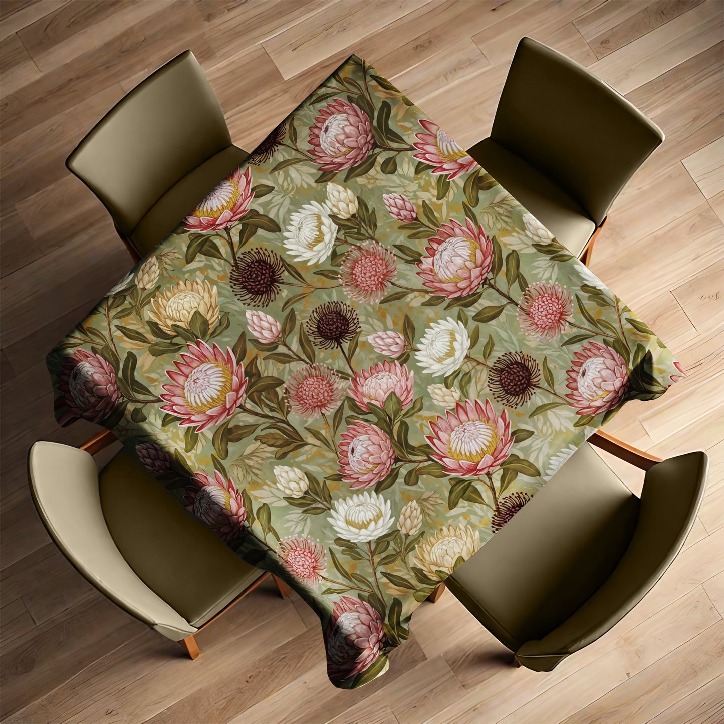 Pink & White Proteas On Green Square Tablecloth