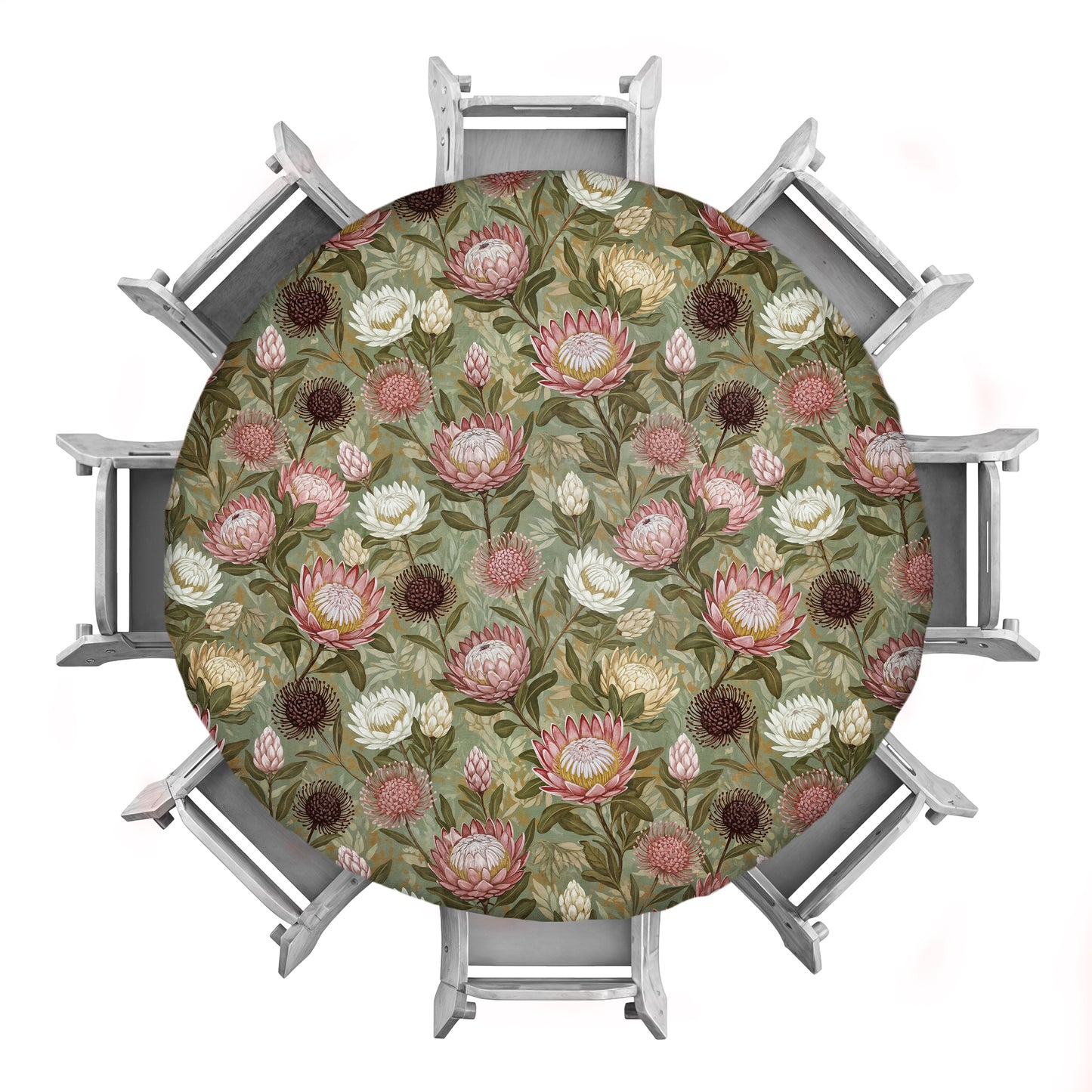 Pink & White Proteas On Green 2,3m Round Tablecloth