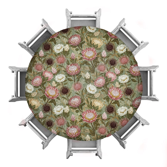 Pink & White Proteas On Green 2,3m Round Tablecloth