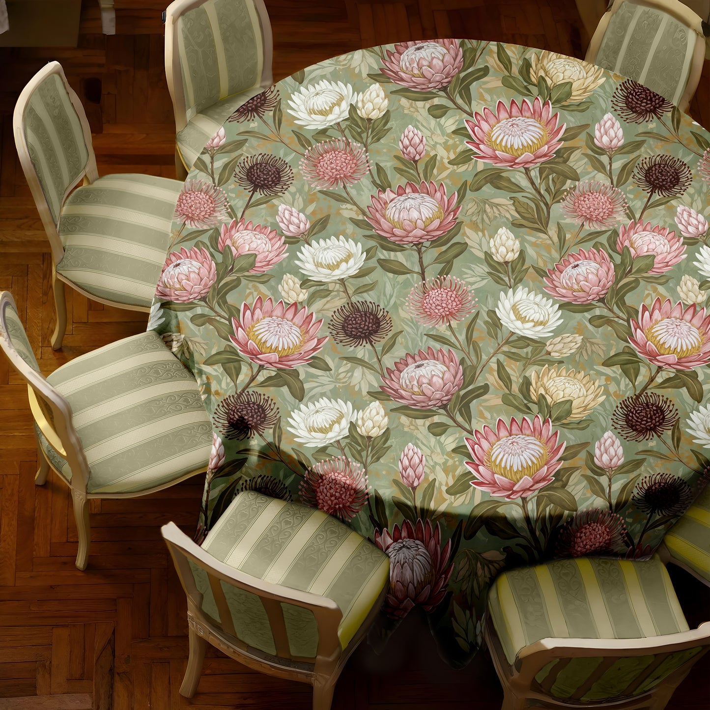 Pink & White Proteas On Green 2,3m Round Tablecloth