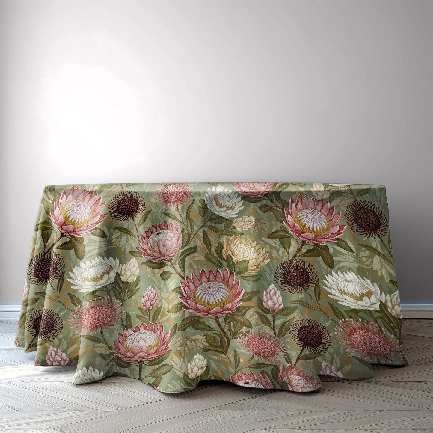 Pink & White Proteas On Green 2,3m Round Tablecloth