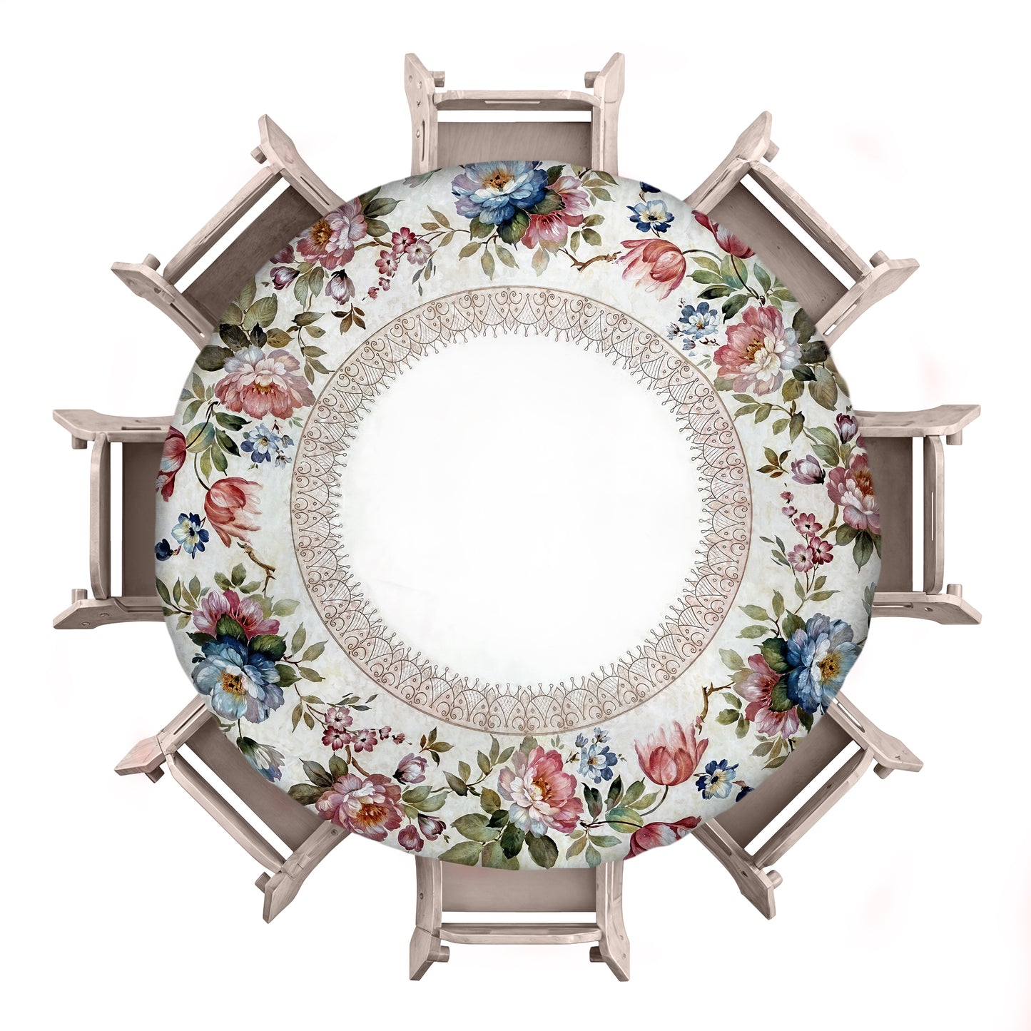 Pink and Blue Flowers on Light Grey 2,3m Round Tablecloth