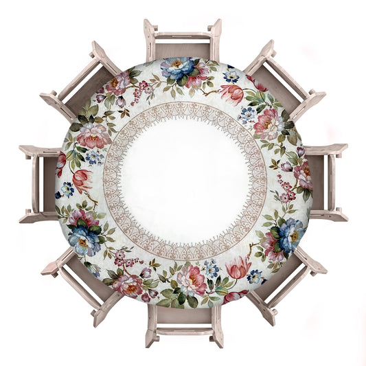Pink and Blue Flowers on Light Grey 2,3m Round Tablecloth