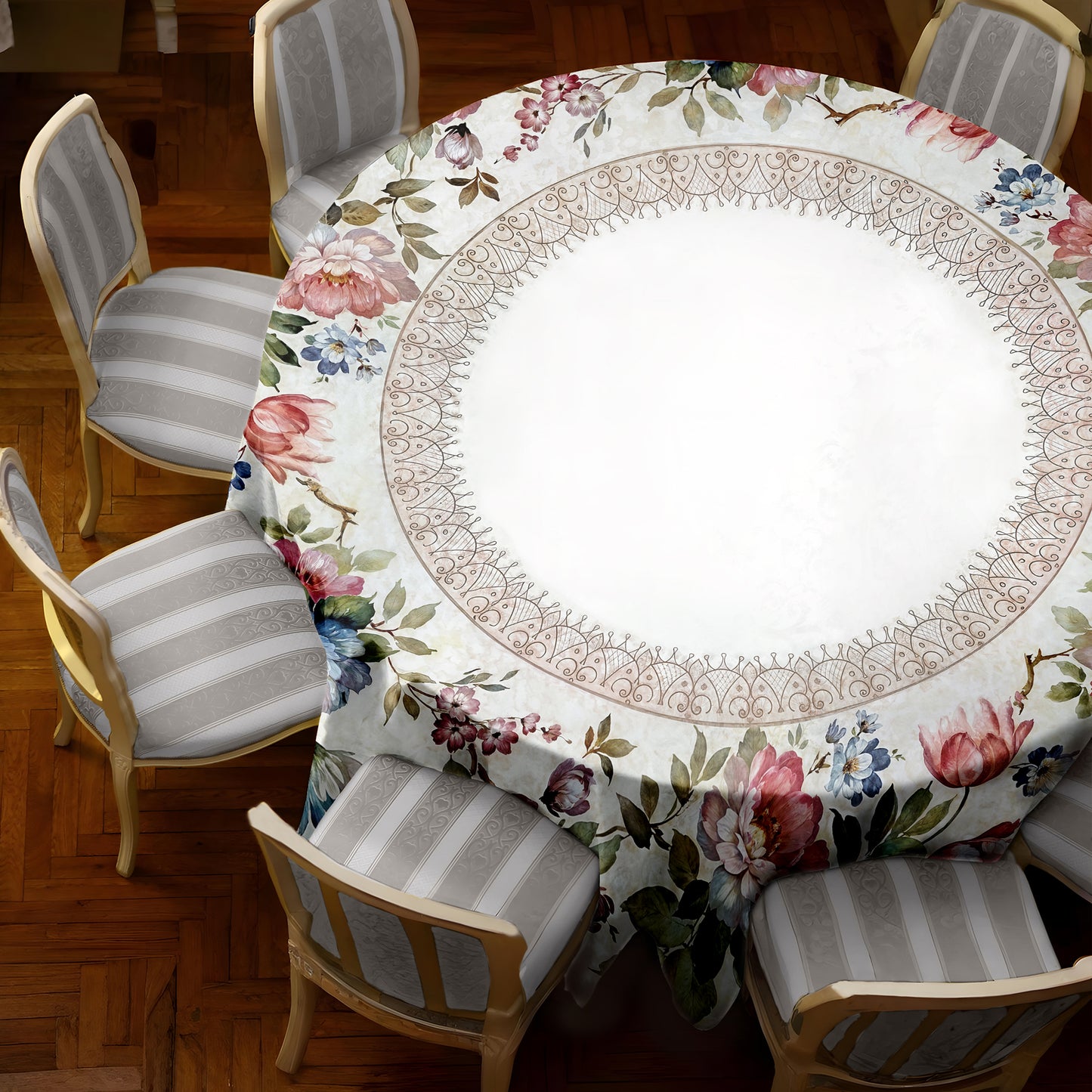 Pink and Blue Flowers on Light Grey 2,3m Round Tablecloth
