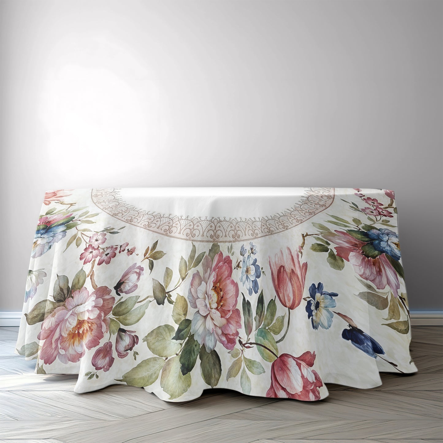 Pink and Blue Flowers on Light Grey 2,3m Round Tablecloth