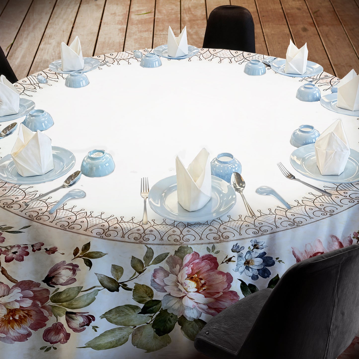 Pink and Blue Flowers on Light Grey 2,3m Round Tablecloth