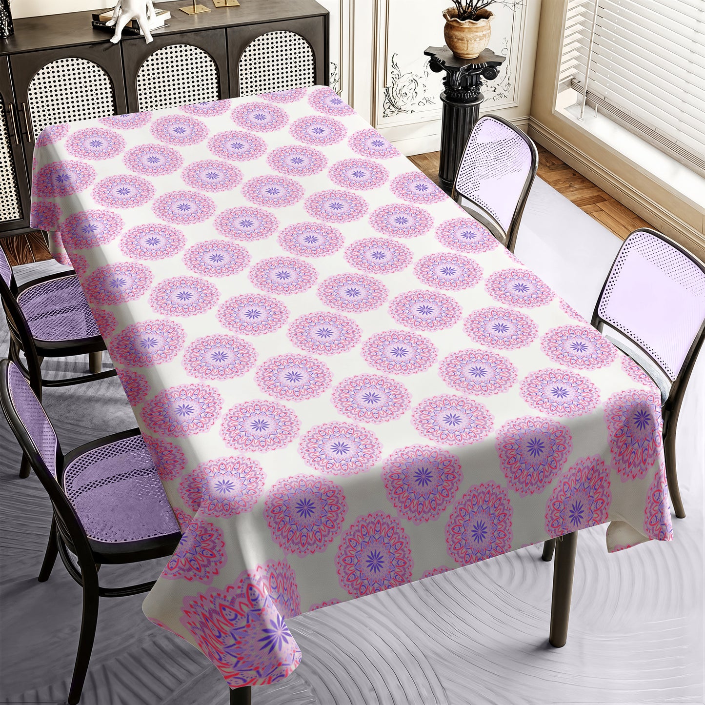 Pink and Lilac Circles on White Rectangle Tablecloth
