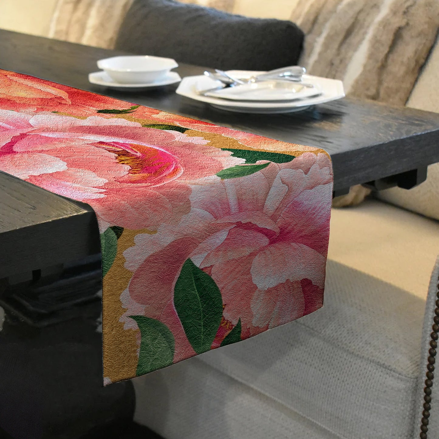 Pink and Peach Water Painted Peonies Table Runner By Mark van Vuuren