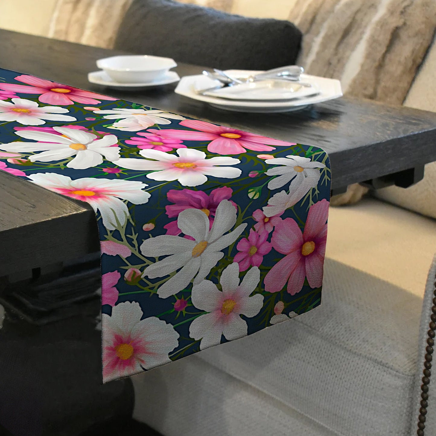 Pink and White Cosmos Painted Pattern Table Runner By Mark van Vuuren