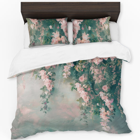 Pink on Green Floral Duvet Cover Set