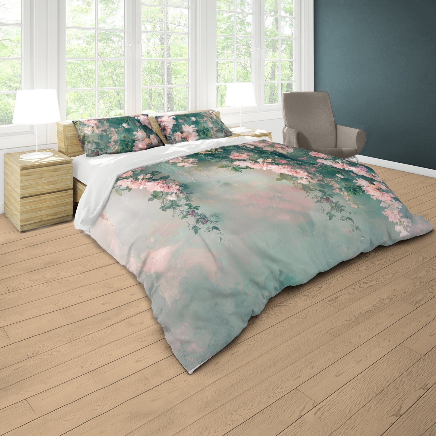 Pink on Green Floral Duvet Cover Set