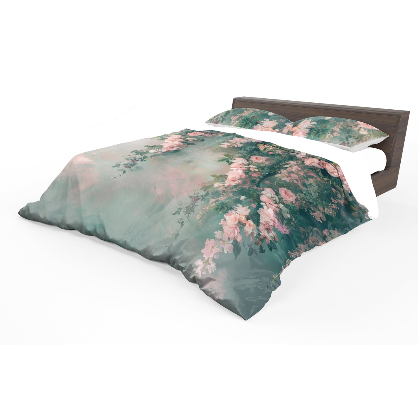 Pink on Green Floral Duvet Cover Set