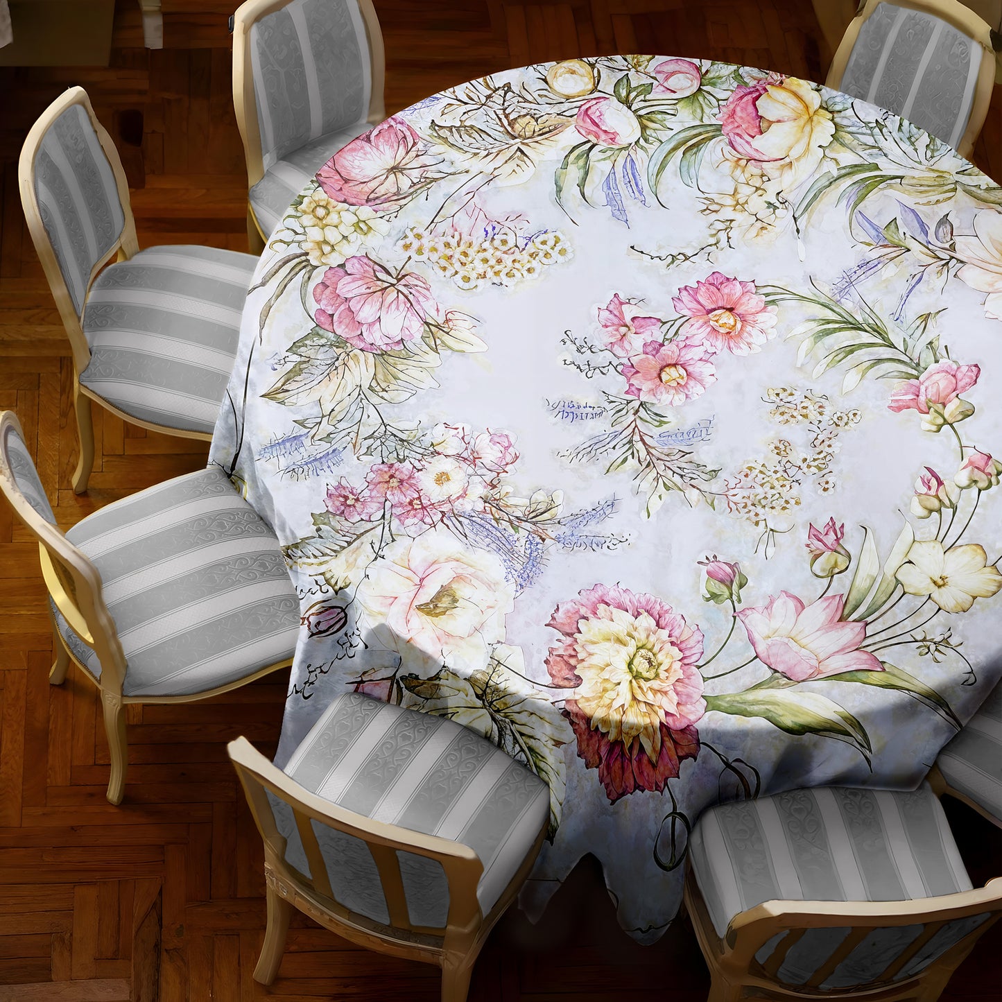 Pink on Grey Floral 2,3m Round Tablecloth