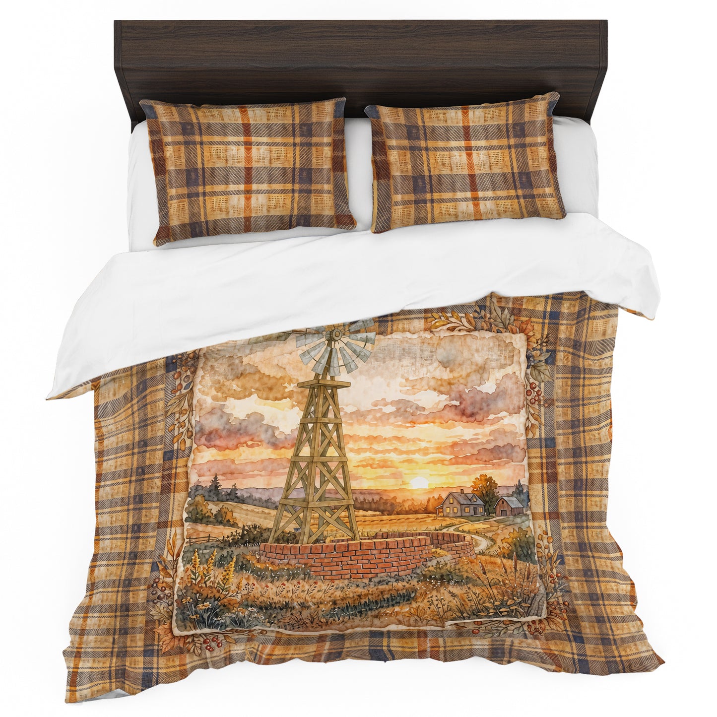 Plaid Windmill Farmhouse Duvet Cover Set