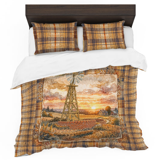 Plaid Windmill Farmhouse Duvet Cover Set