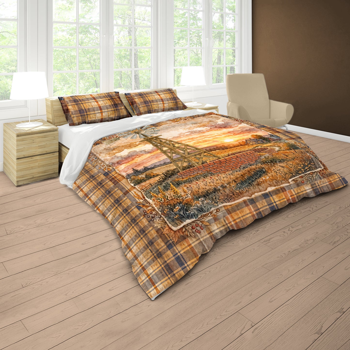 Plaid Windmill Farmhouse Duvet Cover Set