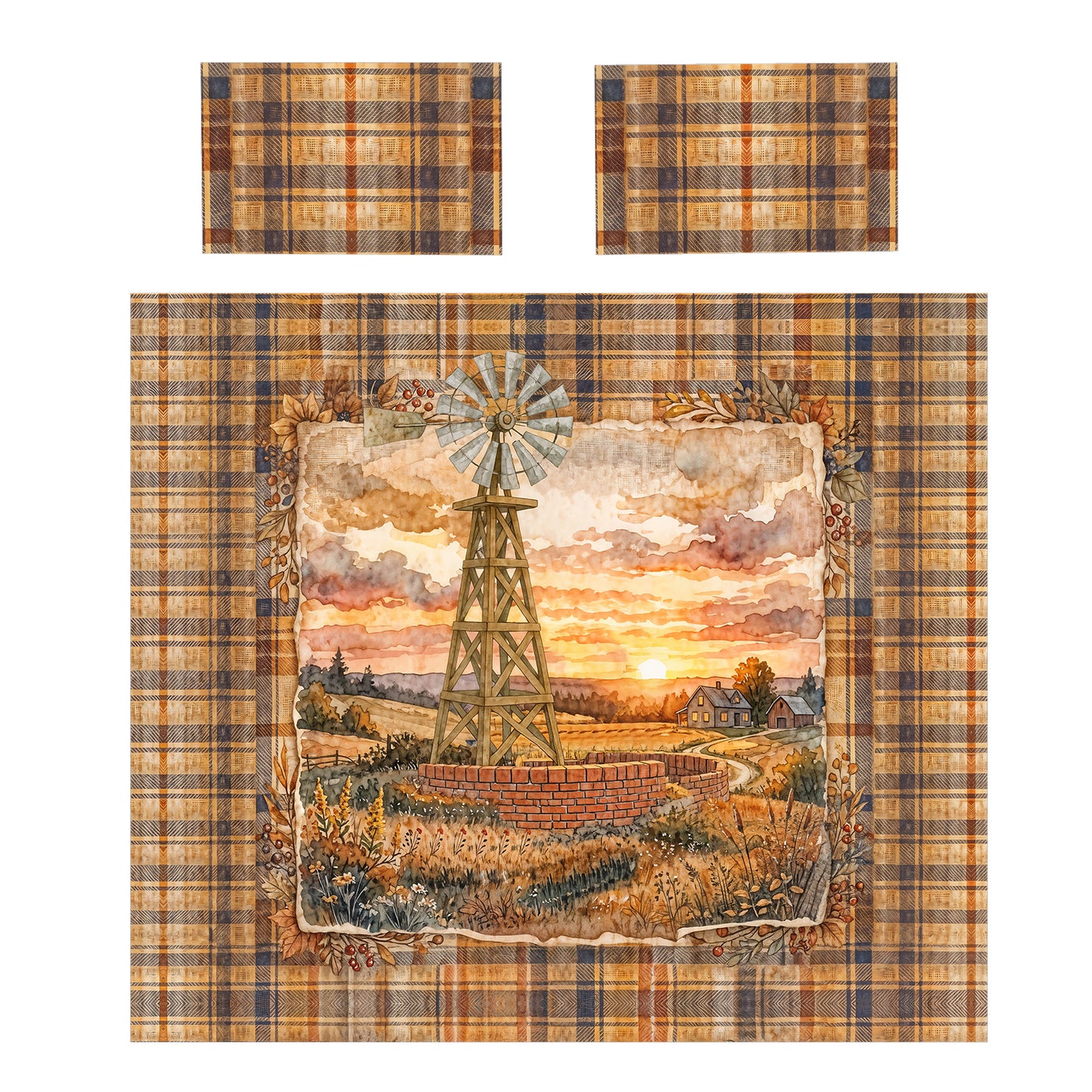 Plaid Windmill Farmhouse Duvet Cover Set