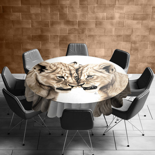 Playful Prowess Lion Cubs Round Tablecloth by Nathan Pieterse