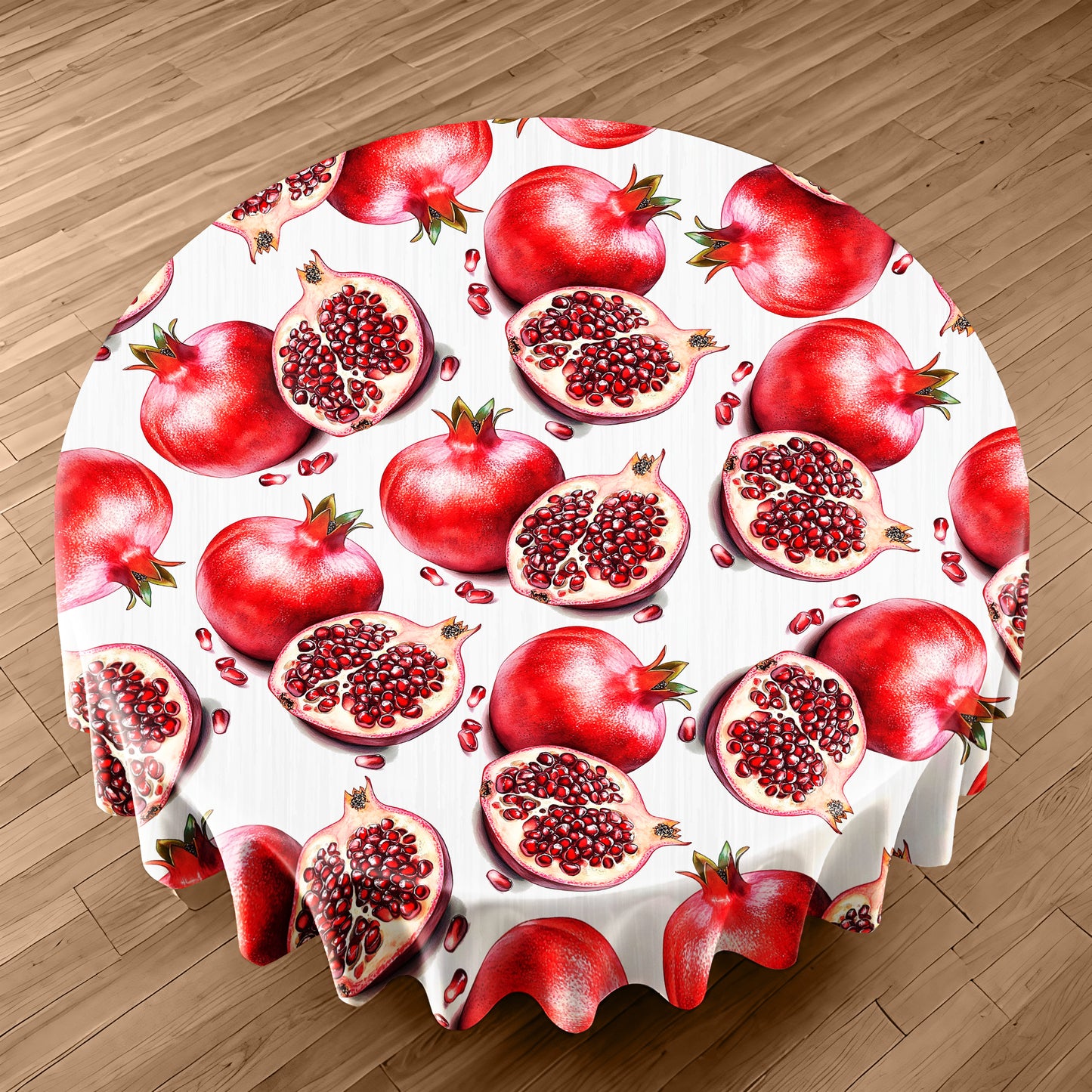 Pomegranates on White Round Tablecloth by Mark van Vuuren