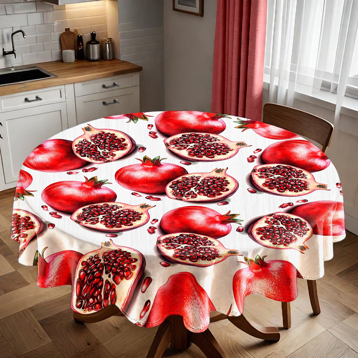Pomegranates on White Round Tablecloth by Mark van Vuuren
