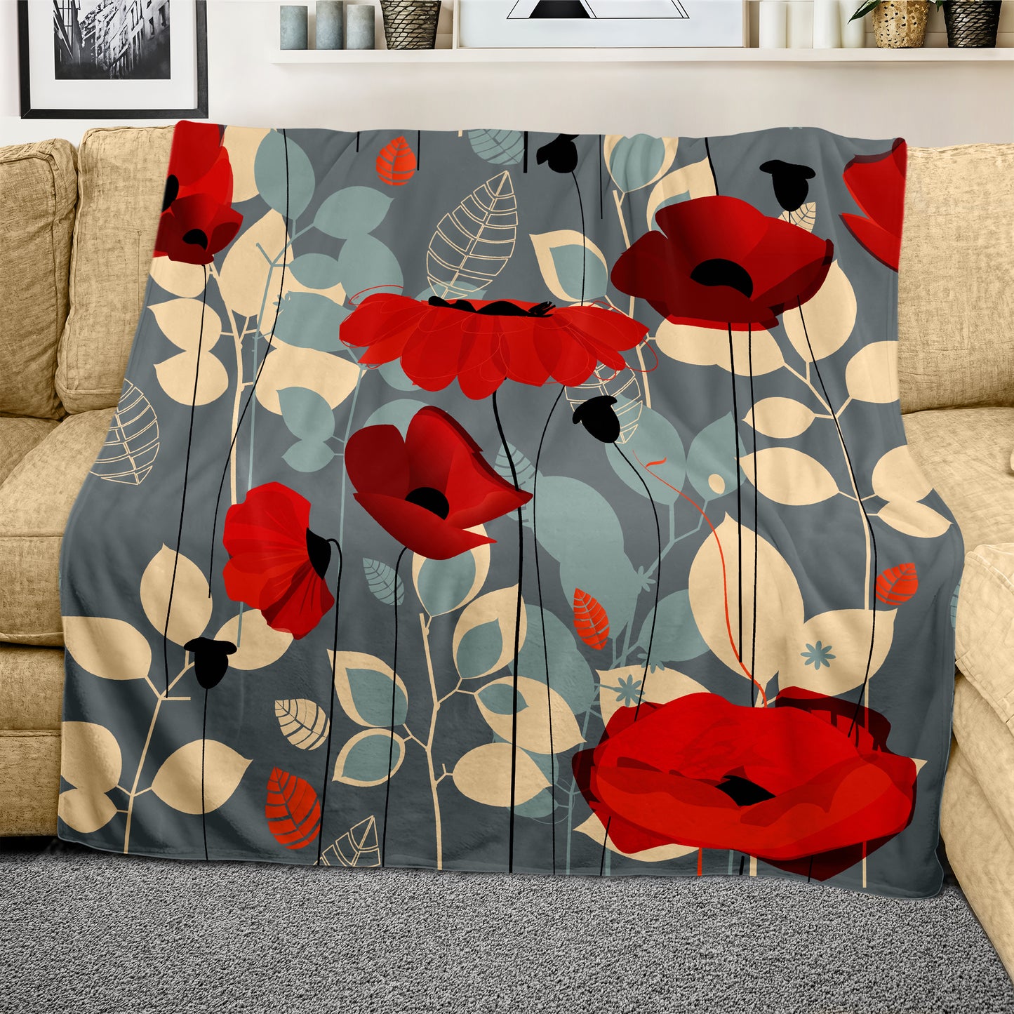 Poppies on Grey Light Weight Fleece Blanket