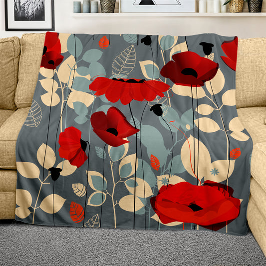 Poppies on Grey Light Weight Fleece Blanket