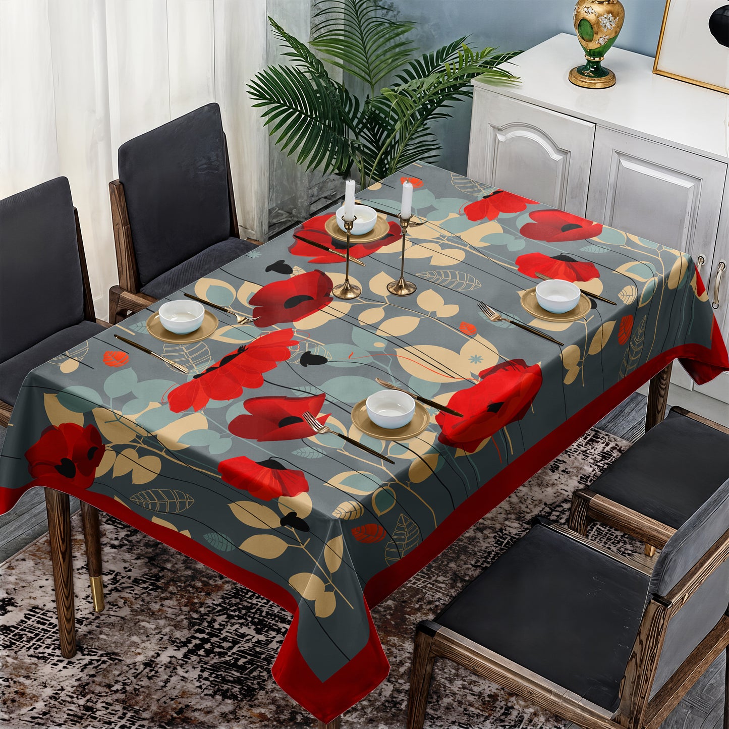 Poppies on Grey Rectangle Tablecloth