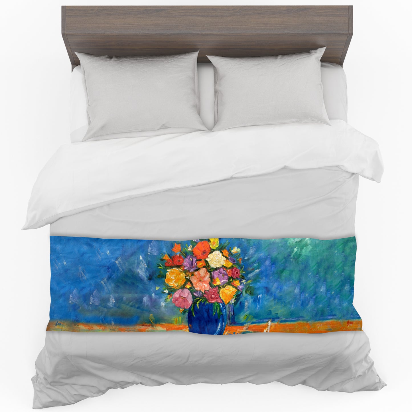 Potted Flowers in Blue By Yolande Smith Bed Runner and Optional Pillowcases