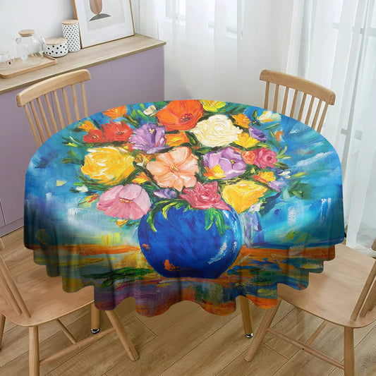 Potted Flowers in Blue Round Tablecloth By Yolande Smith
