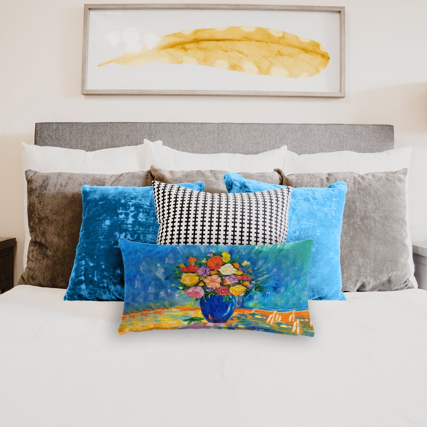 Potted Flowers in Blue By Yolande Smith Oblong Luxury Scatter