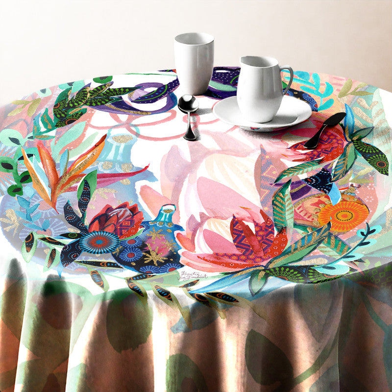 Protea Weath Round Tablecloth by Kristin van Lieshout