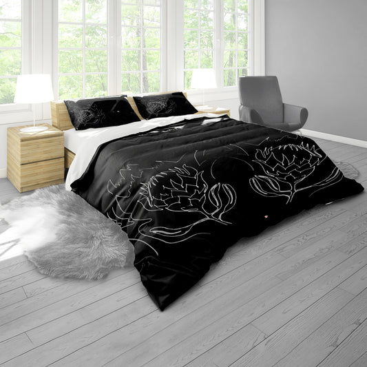 Protea Line Art on Black by Fifo Duvet Cover Set