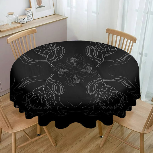 Protea Line Art on Black Round Tablecloth By Fifo