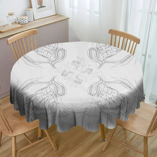 Protea Line Art on Pale Grey Round Tablecloth By Fifo