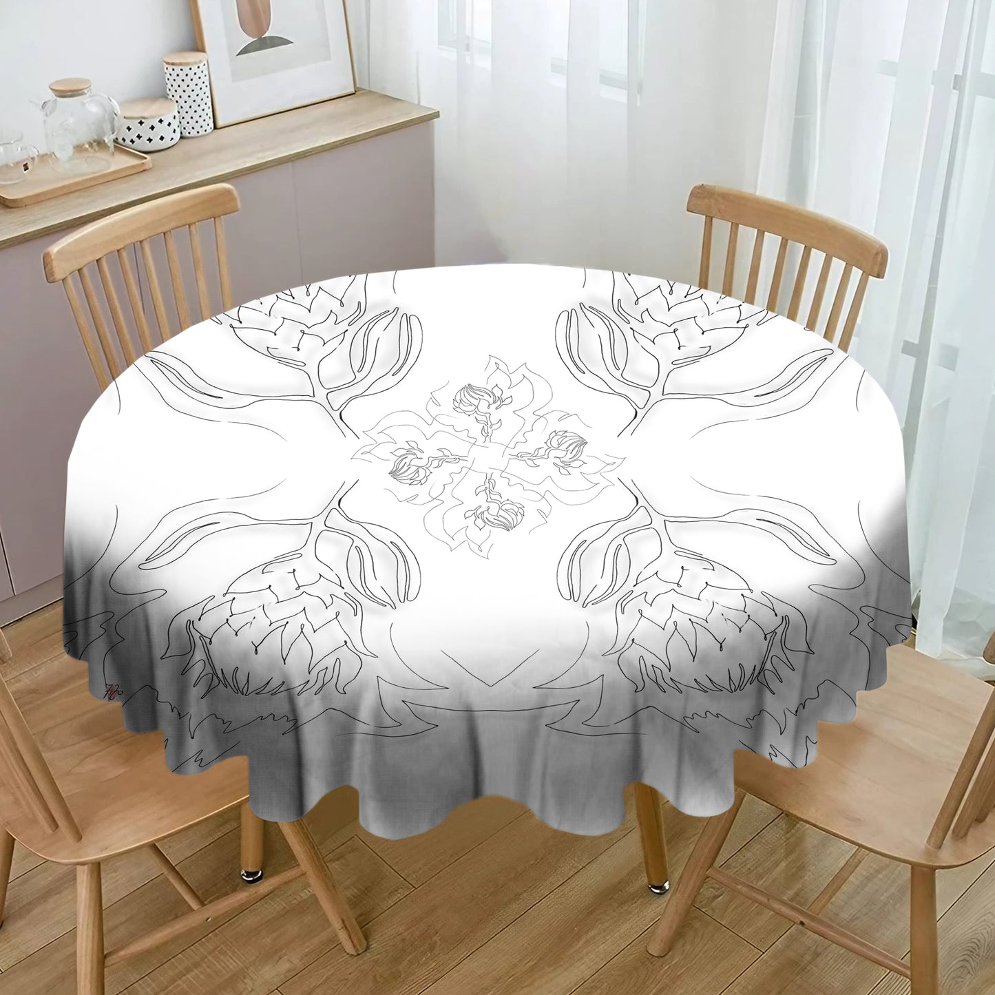 Protea Line Art on White Round Tablecloth By Fifo
