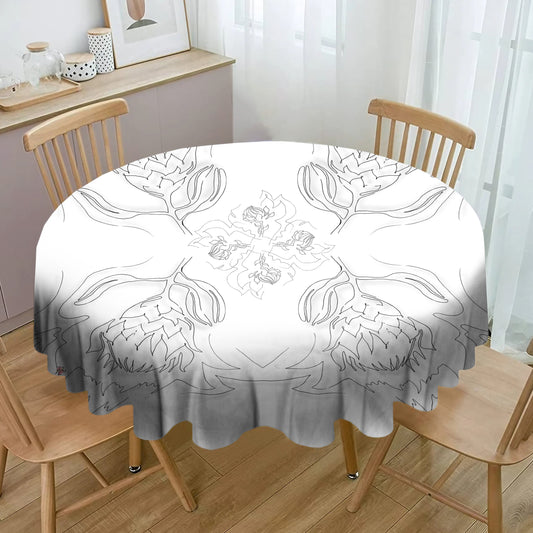 Protea Line Art on White Round Tablecloth By Fifo