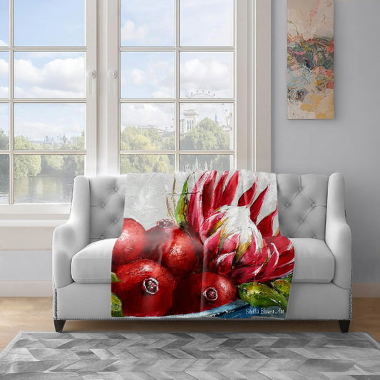 Protea and Pomegranate Light Weight Fleece Blanket by Stella Bruwer