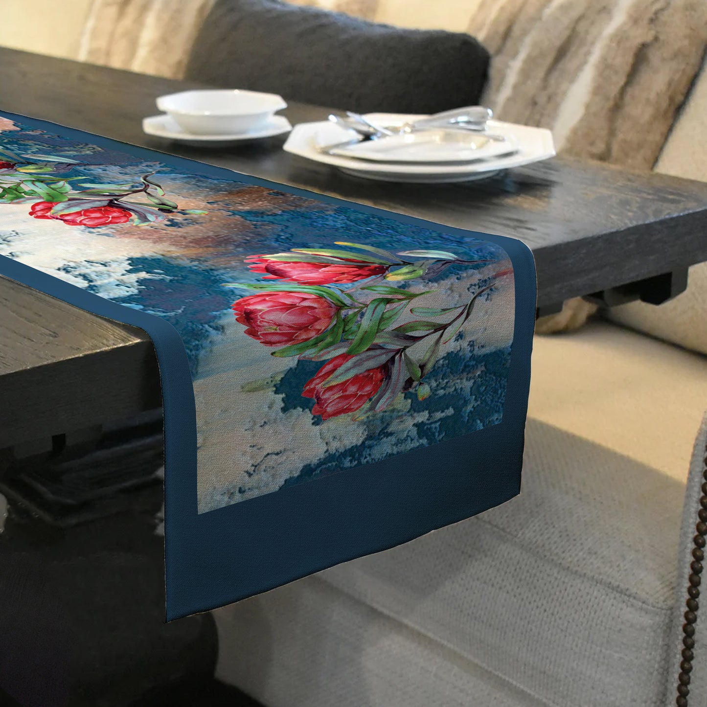 Proteas on Blue Table Runner