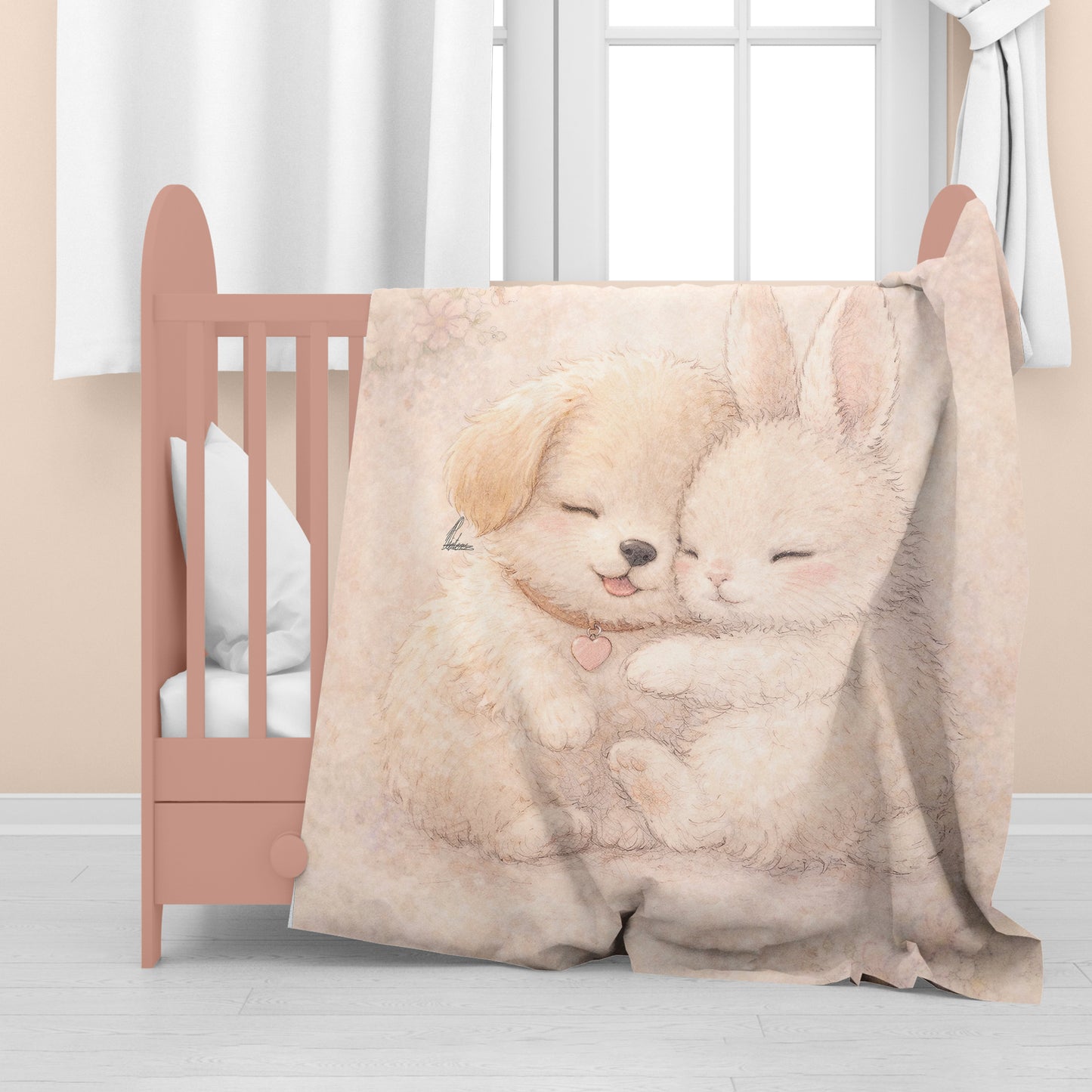 Puppy and Bunny Hugging Baby Fleece Blanket by Nathan Pieterse