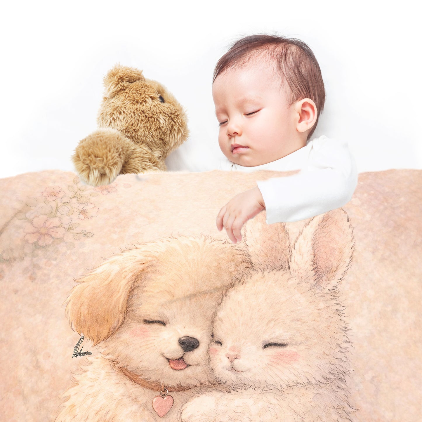 Puppy and Bunny Hugging Baby Fleece Blanket by Nathan Pieterse